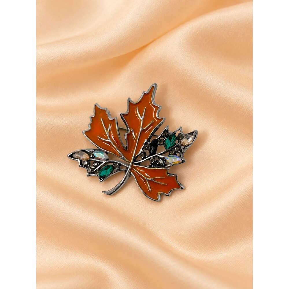 Orange Enamel Maple Leaf Brooch Multicolor Rhinestone Fall Autumn Silver Tone
